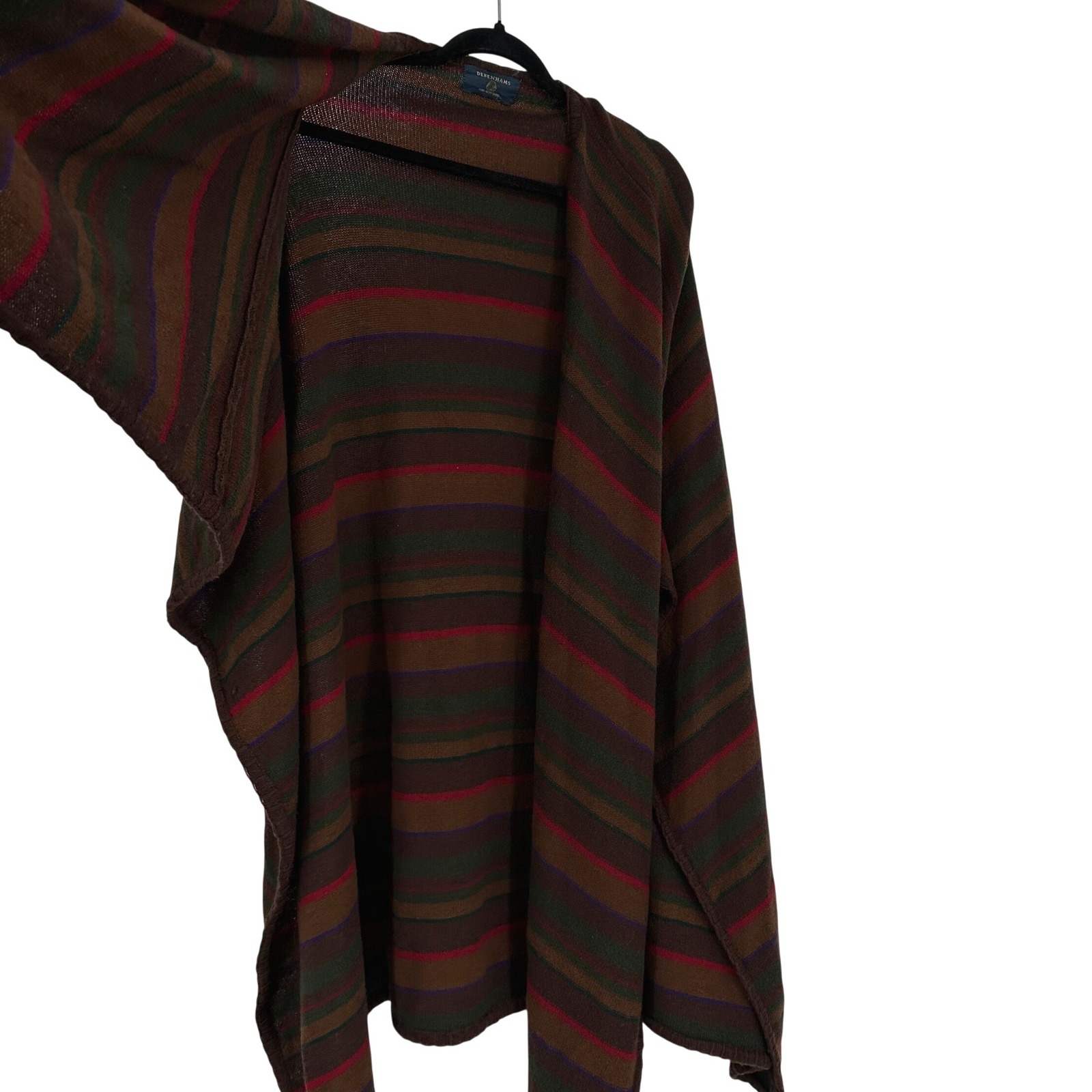 Debenhams Pure New Lambs Wool Striped Open Front Cardigan Poncho Brown Red Green — image 6 of 7